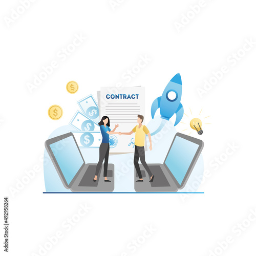 People met, shake hands on laptops during successful transaction, signing money contract for investing in new project, startup, or profitable idea. Electronic agreement. Deal. Affiliate system.