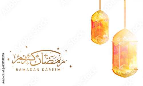 Arabic Calligraphy Of Ramadan Kareem With Stars And Watercolor Effect Lanterns Hang On White Background.