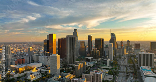 Los Angeles Downtown Cinematic Drone of Top Aerial View. Flying of los angels, LA by drone.