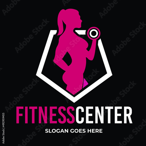 Fitness Gym logo design template with exercising athletic  woman isolated on black, vector illustration