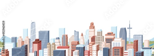 Modern city office buildings panorama. Cityscape border, banner with glass skyscrapers and business towers roofs. Urban landscape of downtown. Flat vector illustration isolated on white background