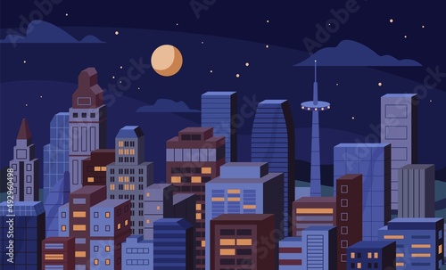 Night city with office and residential buildings, sky and moon. Urban view of downtown with skyscrapers at midnight. Metropolis cityscape. Business center at nighttime. Flat vector illustration