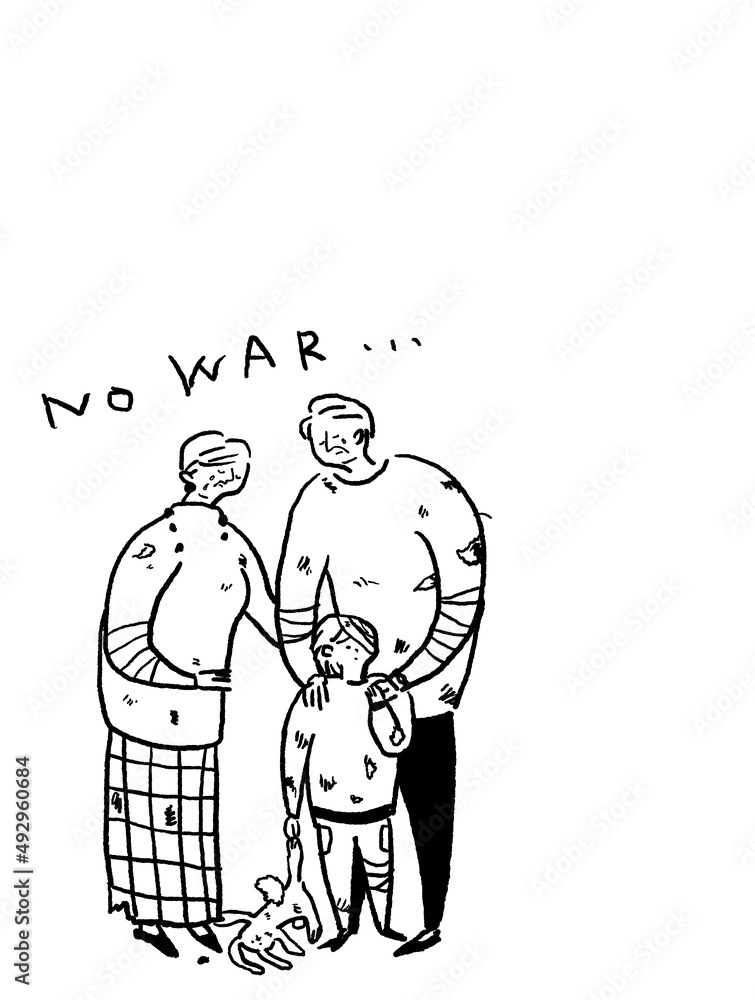 Obraz premium 怪我をした小さい子供とシニア男性と女性、孫と祖父母、線画（縦、左下配置）