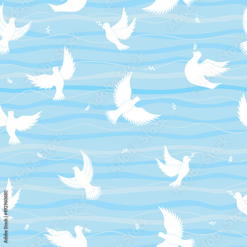 Seamless flying dove vector. Dove of Peace with twigs.