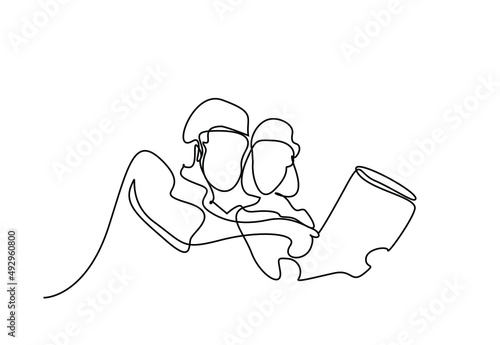 engineer woman and man examining and investigating plans in file