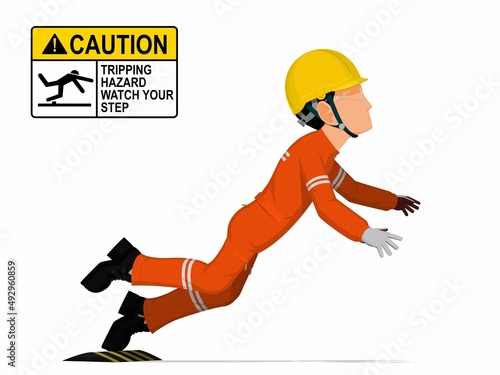 An industrial worker is tripping on white background