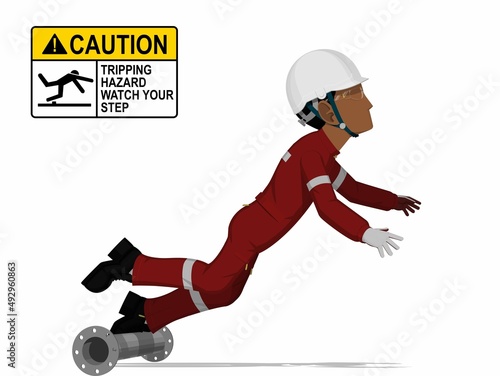 An industrial worker is tripping on white background