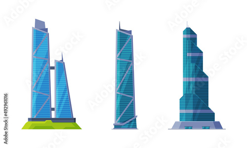 Downtown skyscrapers facades set. Modern residential and office buildings cartoon vector illustration