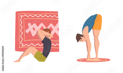 Young man and women in sports outfit doing sports at home set. Healthy lifestyle cartoon vector illustration