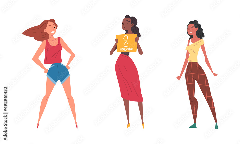 Female protesters activists statementing of their rights set. International Women Day cartoon vector illustration Female protesters activists statementing of their rights set. International Women Day cartoon vector illustration
