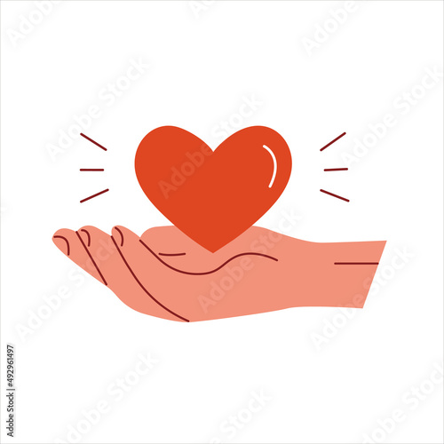An open palm with heart. Hand holding a heart. Concept of aid for refugees, donation or charity foundation. Volunteer, sharing love and helping others. Vector illustration in flat style.