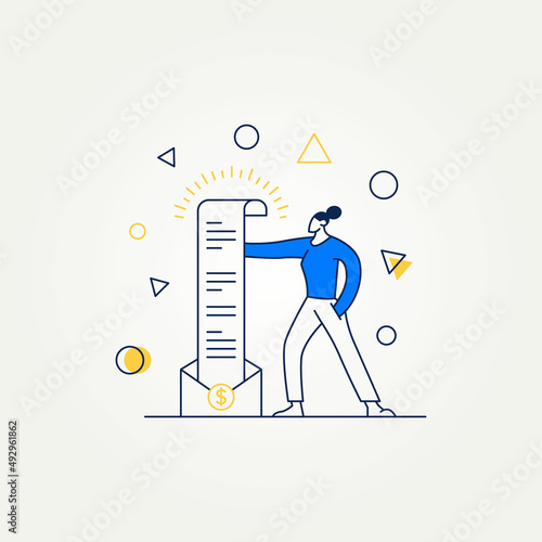 modern line art flat web design illustration of woman standing with long bills in hands. simple modern flat design for website or webpage layout template