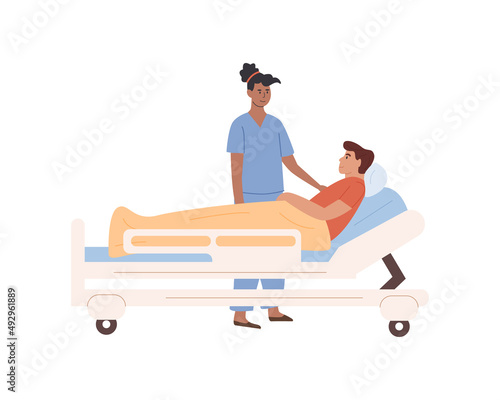 Doctor or black skin nurse visit patient at hospital. Medical personnel working at clinic. Sick old man lying on bed. Private healthcare. Vector flat illustration isolated on white background.