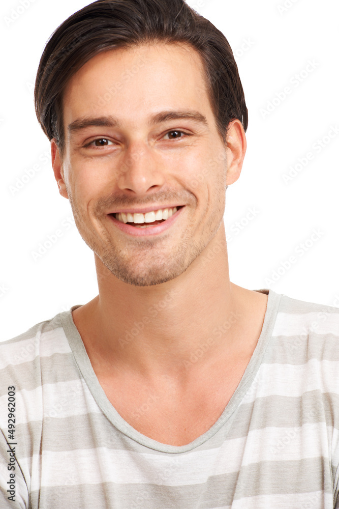 Share the secret of youthful exuberance. Closeup of a laughing young man in a striped t-shirt, isolated on white - copyspace. Share the secret of youthful exuberance. Closeup of a laughing young man in a striped t-shirt, isolated on white - copyspace.