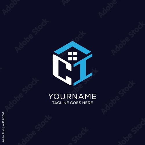Initial logo CI monogram with abstract house hexagon shape, clean and elegant real estate logo design