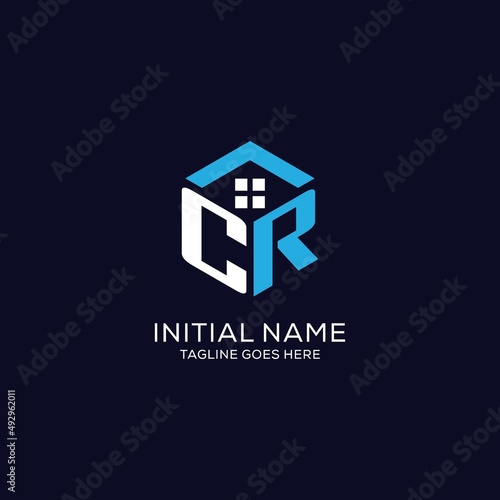 Initial logo CR monogram with abstract house hexagon shape, clean and elegant real estate logo design