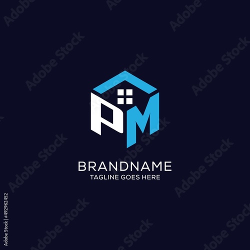 Initial logo PM monogram with abstract house hexagon shape, clean and elegant real estate logo design