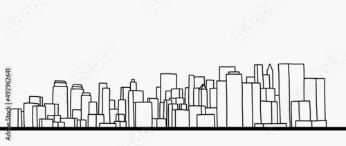 modern cityscape skyline outline doodle drawing on white background.