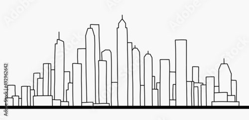 modern cityscape skyline outline doodle drawing on white background.