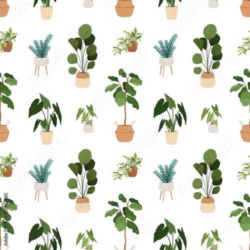 Potted plants pattern design. Seamless background with green-leaf houseplants in planters, flowerpots. Endless home garden texture. Repeating print on white backdrop. Flat vector illustration