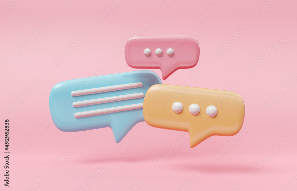 Minimalist blue red and yellow speech bubbles talk icons floating over pink background. Modern conversation or social media messages with shadow. 3D rendering