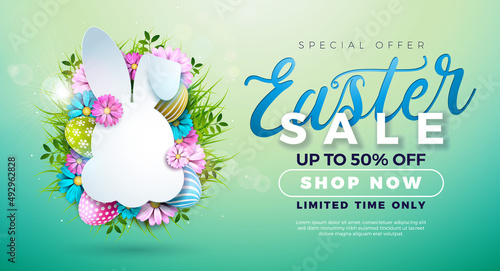 Easter Sale Illustration with Color Painted Egg, Spring Flower and Rabbit Face Shape on Light Green Background. Vector Easter Holiday Design Template for Coupon, Web Banner, Voucher or Promotional