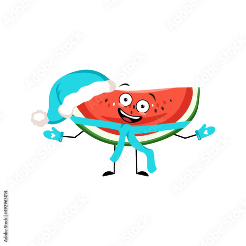 Watermelon character with happy emotion in Santa hat  joyful face  smile eyes  arms and legs. Person with expression  fruit emoticon. Vector flat illustration