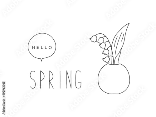 花瓶に入ったすずらんの手描きペン画風シンプル春イラスト