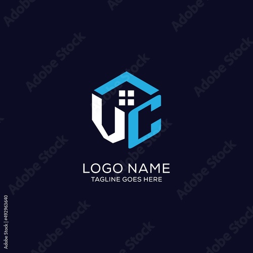 Initial logo VC monogram with abstract house hexagon shape, clean and elegant real estate logo design