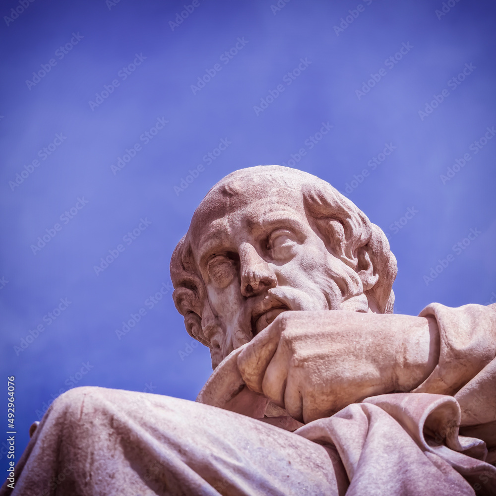 Plato marble statue, the ancient Greek philosopher in deep thought, head detail