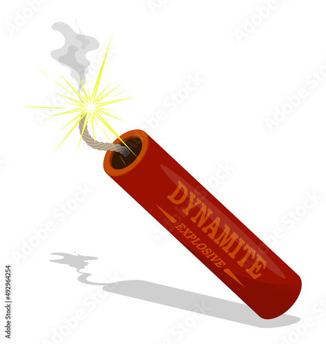 Dynamite cylinder with burning wick. Explosives for mining operations. Cartoon vector isolated on white background
