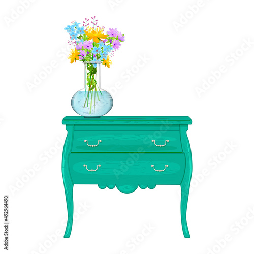 Chest of drawers and vase with flowers isolated on white background. Green bedside table. Furniture for room interior design. Living room interior with classical furniture. Stock vector illustration