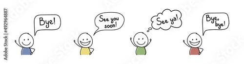 Smiley hand drawn character with text - bye, see ya, see you soon. Vector