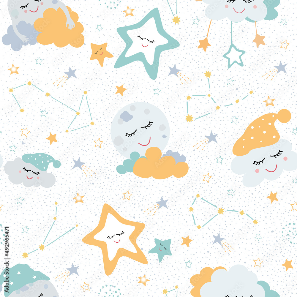 Seamless baby pattern with cute moon, stars and constellations. An ...
