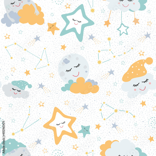 
Seamless baby pattern with cute moon, stars and constellations. An illustration with a hand-drawn cute moon and stars. Baby Wallpapers Wallpapers for baby