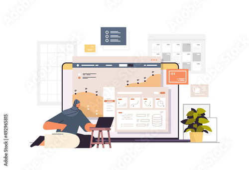 arab businesswoman monitoring financial statistics data on laptop screen arabic business woman analyzing graphs and charts