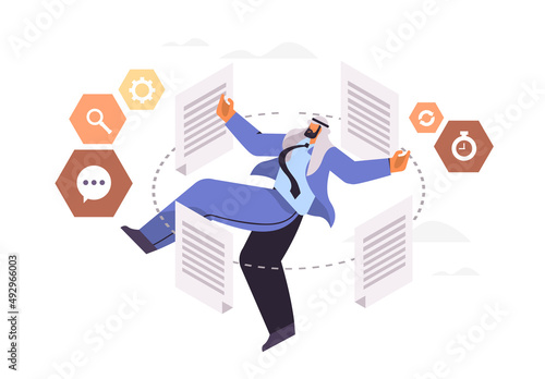 overworked arab businessman working with paper documents paperwork deadline concept