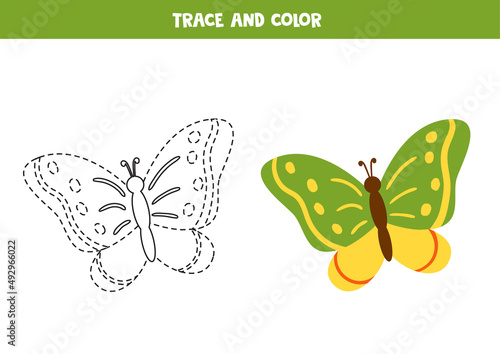 Trace and color cartoon butterfly. Worksheet for children.