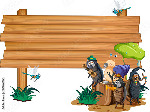 Blank wooden signboard with beetle cartoon