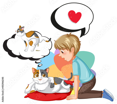 A boy and dog with callouts
