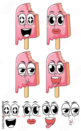 Set of facial expression vintage style cartoon with icecream on white background