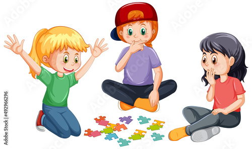 A children playing board game on white background