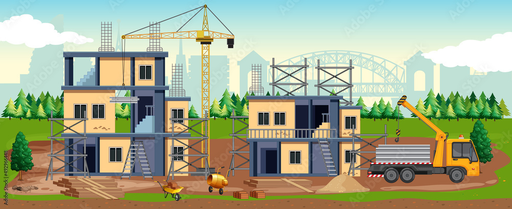 Obraz premium Cartoon scene of building construction site