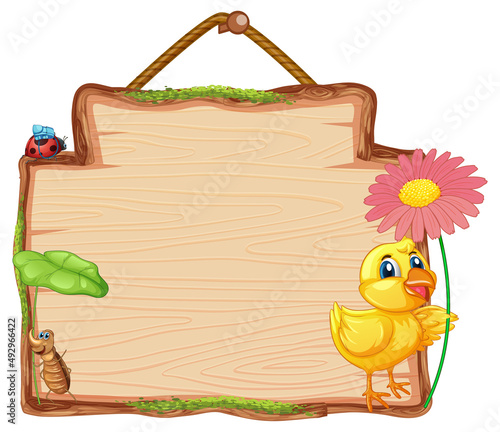 Blank wooden signboard with little chick