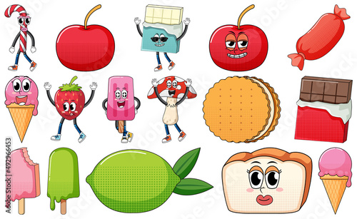 Set of facial expression with vintage style food cartoon on white background