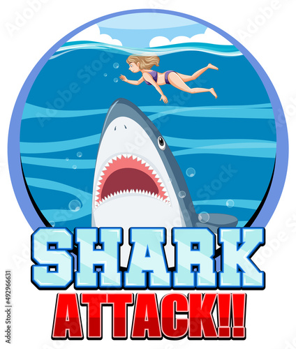 A Marine logo with big blue shark and Shark attack text