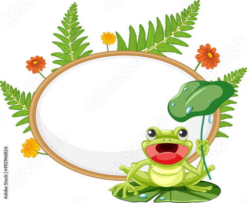Blank wooden signboard with frog in cartoon style