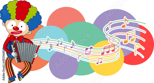 Clown playing accordion with music notes on white background