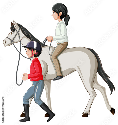 A girl riding on a horse with hostler on white background