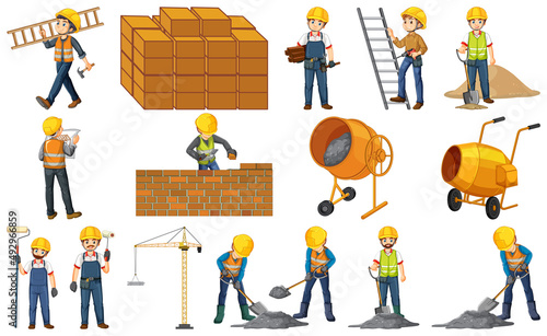 Construction worker set with man and tools